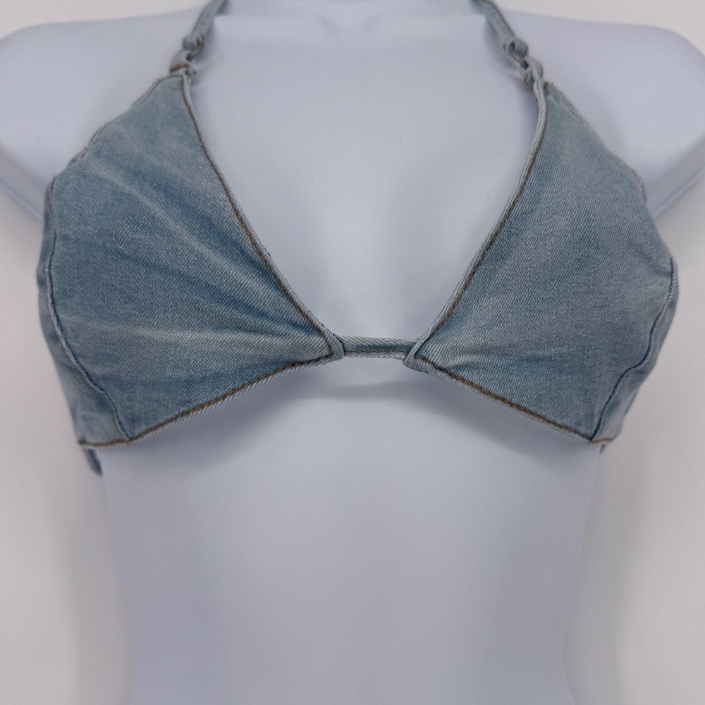 Rehab Lab Womens Light Wash Denim Triangle Halter Bikini Top Blue Size M